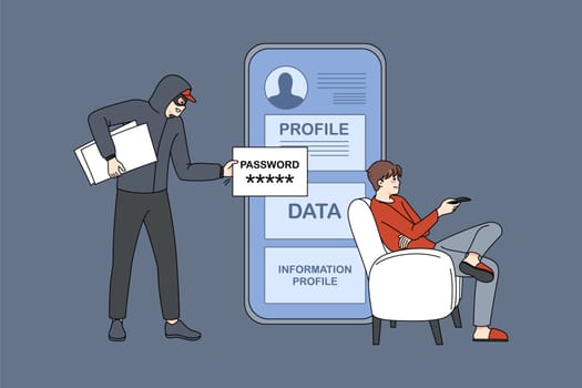 Hacker steal confidential information from person personal account. Digital money theft attack male client application, get username and password. Phishing and bank fraud. Vector illustration.