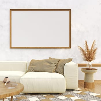 Mock up poster frame with big sofa in modern interior background 3D render 3D illustration