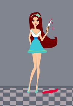 Alice with a knife in blood in Wonderland