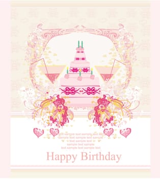 Happy Birthday Card with birthday cake and champagne