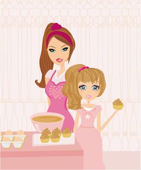 Happy mother helping her daughter cooking cakes in the kitchen