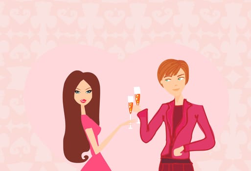 Young couple flirt and drink champagne