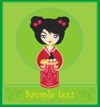 sweet Asian girl enjoy sushi
