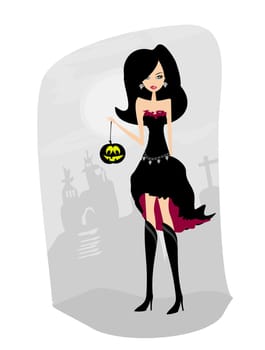 Halloween young witch standing with pumpkins