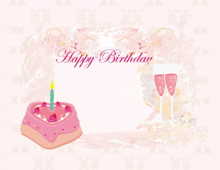 Happy Birthday Card with birthday cake and champagne