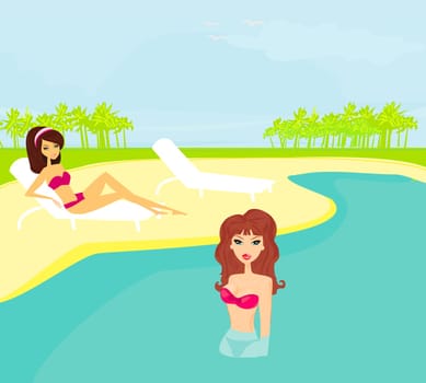 vector image of girls and tropical pool