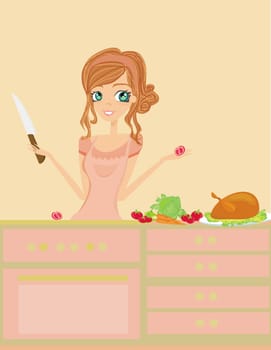 Beautiful lady cooking chicken and vegetables