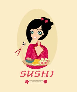 sweet Asian girl enjoy sushi card