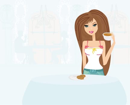 Beautiful lady drinking coffee in restaurant
