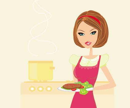 Beautiful lady cooking steak in the kitchen