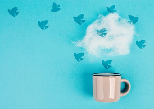 Cup of coffee with a steam cloud, birds flying to the sky, pastel colors, brainstorming for ideas, mindset of freedom, creative business idea, optimistic future, taking a break