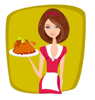 A beautiful woman waitress enjoys chicken on a tray