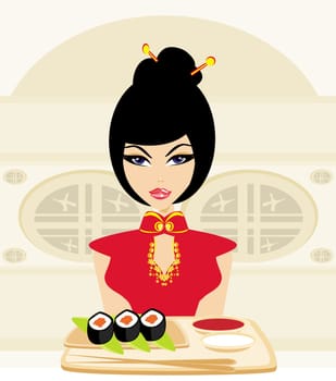 A beautiful woman enjoys sushi