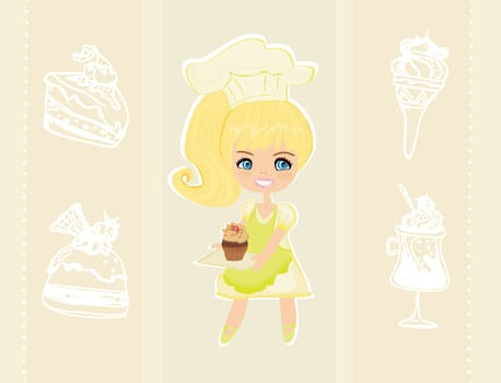 Happy little girl cooking cakes