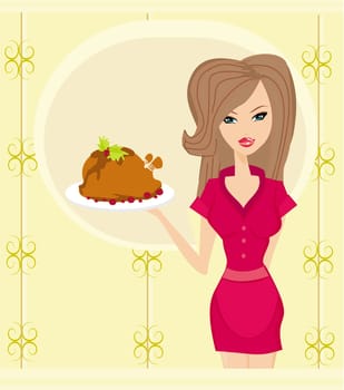 A beautiful woman waitress enjoys chicken on a tray