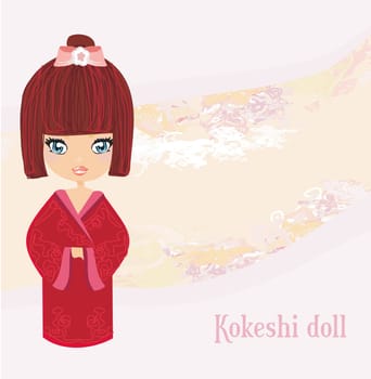 Kokeshi doll on the pink background with floral ornament card