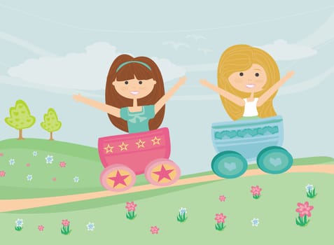 happy sweet little girls Play on rural landscape