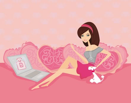 Online shopping - girl shopping in home