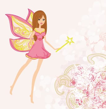 floral background with a beautiful fairy flying with magic wand card