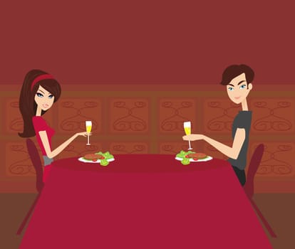 Young couple flirt and drink champagne in restaurant