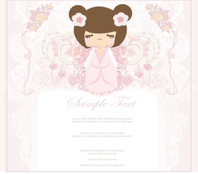 Kokeshi doll on the pink background with floral ornament card