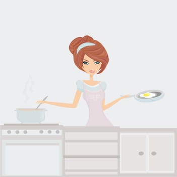 Beautiful lady cooking lunch in the kitchen