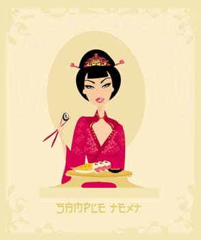 A beautiful woman enjoys sushi