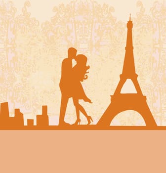 Romantic couple silhouette in Paris kissing near the Eiffel Tower Retro card