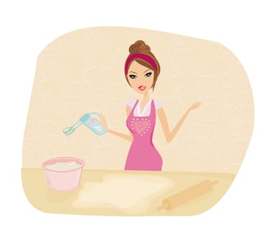 Beautiful lady cooking cake in the kitchen