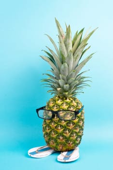 Pineapple with glasses and flip flops, vacation and travel concept, tropical summer holiday, funny fruit, blue background