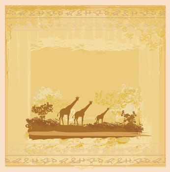 grunge background with giraffe silhouette on abstract African fauna and flora