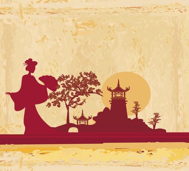 old paper with geisha silhouette on abstract Asian Landscape