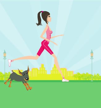Jogging girl with her dog in the park
