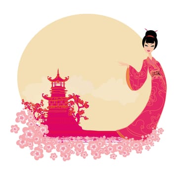 young geisha on old Japanese building landscape card