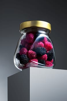 Presentation of blackberry shaped sweets packaged in a jar