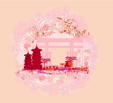 old paper with Chinese temple on abstract Asian Landscape