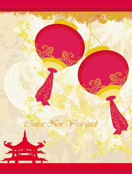 old paper with Asian Landscape and Chinese Lanterns