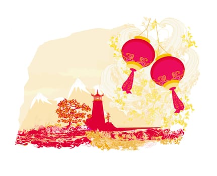 old paper with Asian Landscape and Chinese Lanterns