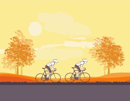 Cycling two man at sunset landscape Poster