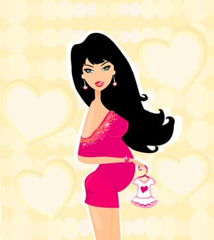 Beautiful pregnant woman on shopping for her new baby Vector Illustration