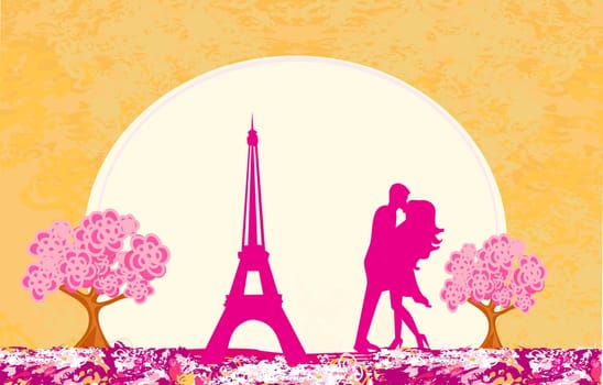 Romantic couple silhouette in Paris kissing near the Eiffel Tower Retro card