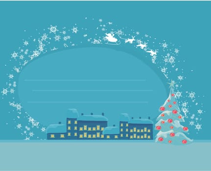 Happy New year card with Santa Claus silhouette and winter landscape