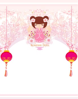 Kokeshi doll on the pink background with floral ornament and Chinese lanterns