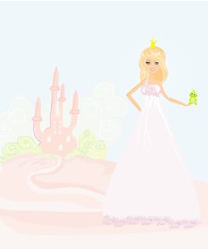 Beautiful young princess holding a big green frog
