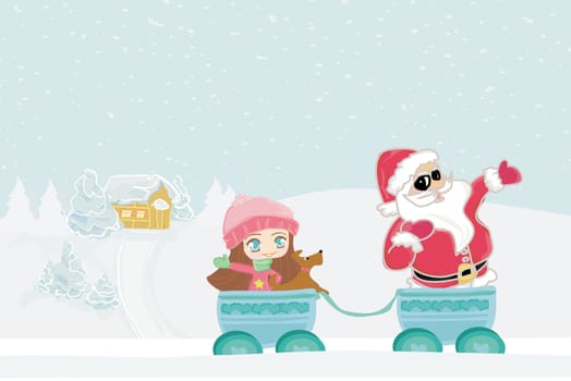 Happy New year card with Santa Claus in a mini train , sweet girl and winter landscape