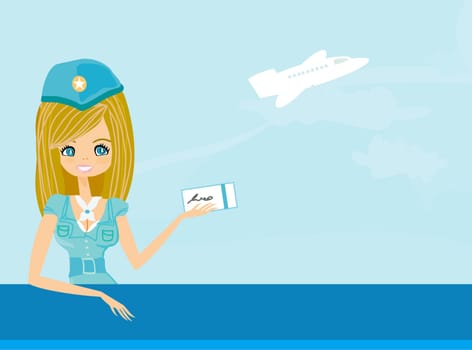 Beautiful stewardess with ticket on airport enjoy to travel