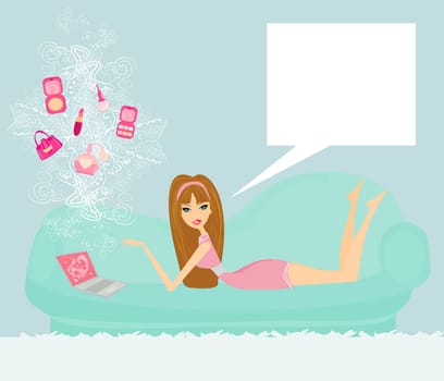 Online shopping girl on sofa in home