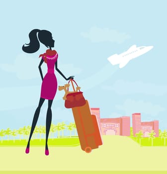 beauty travel girl with baggage on airport