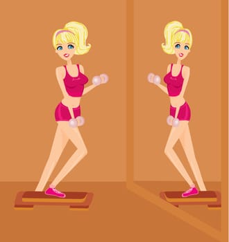 woman exercising with two dumbbell weights on her hands