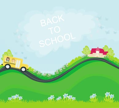 a school bus heading to school with happy children